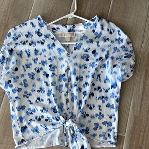 MICHAEL Michael Kors Blue and White Patterned Tie-Front Blouse